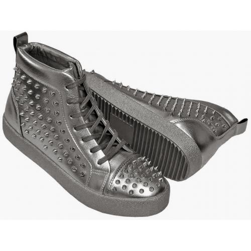 Encore By Fiesso Metallic Grey PU Leather High Top Sneakers With Spikes FI2275